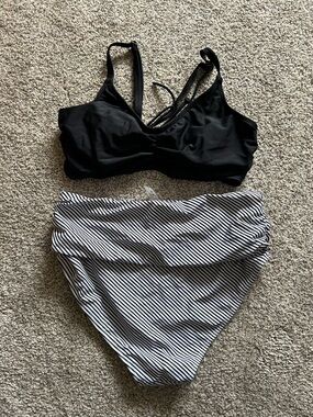 High-Waist Two-Piece Bikini Set in Black and Black-White Stripe
